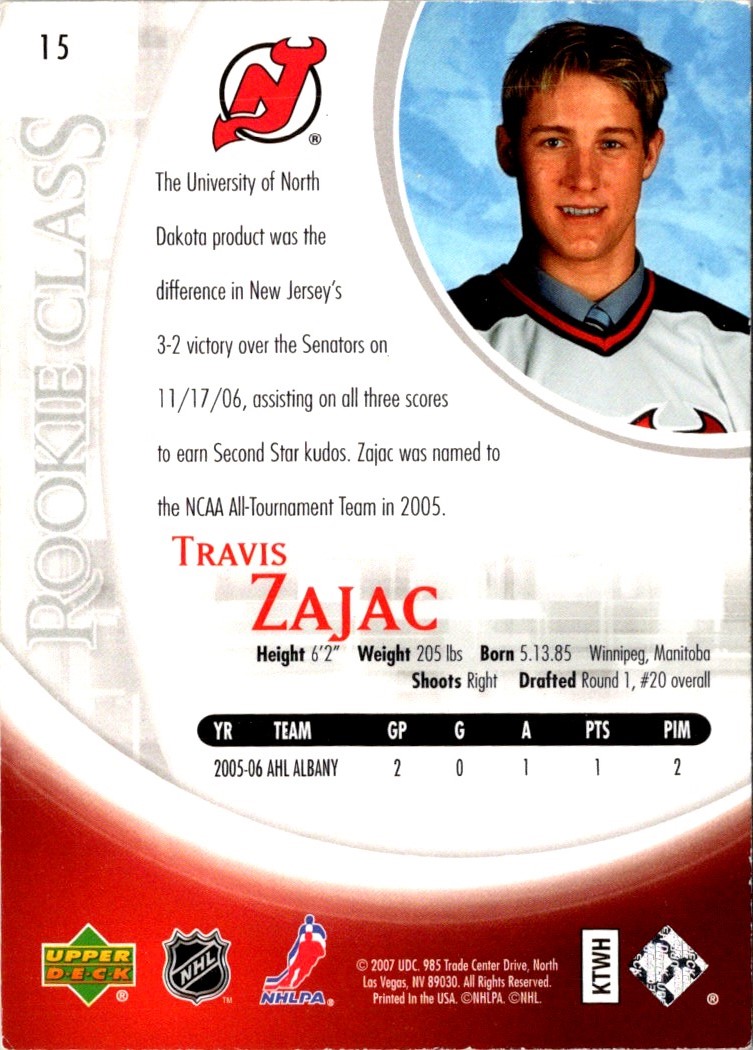 2006-07 Upper Deck Rookie Class Box Set Travis Zajac #15 card back image