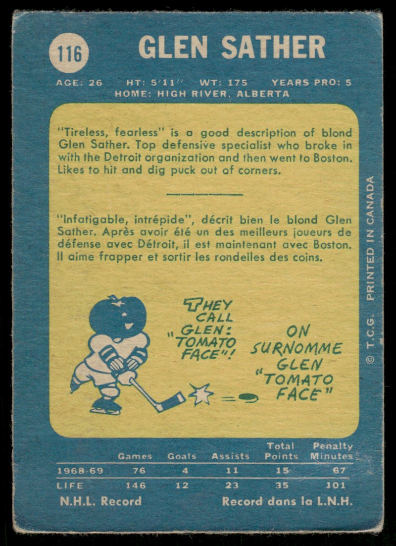 1969-70 O-Pee-Chee Hockey OPC Glen Sather #116 card back image