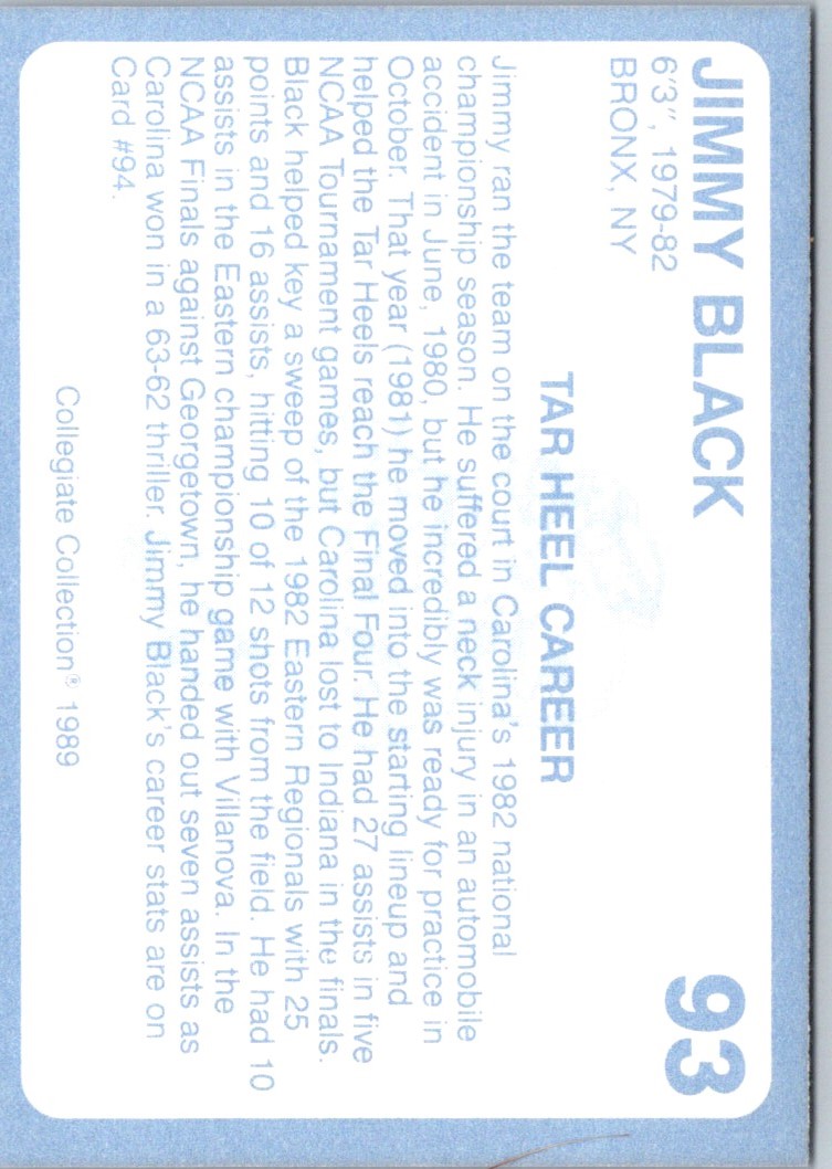 1989-90 Collegiate Collection North Carolina's Finest Jimmy Black #93 card back image