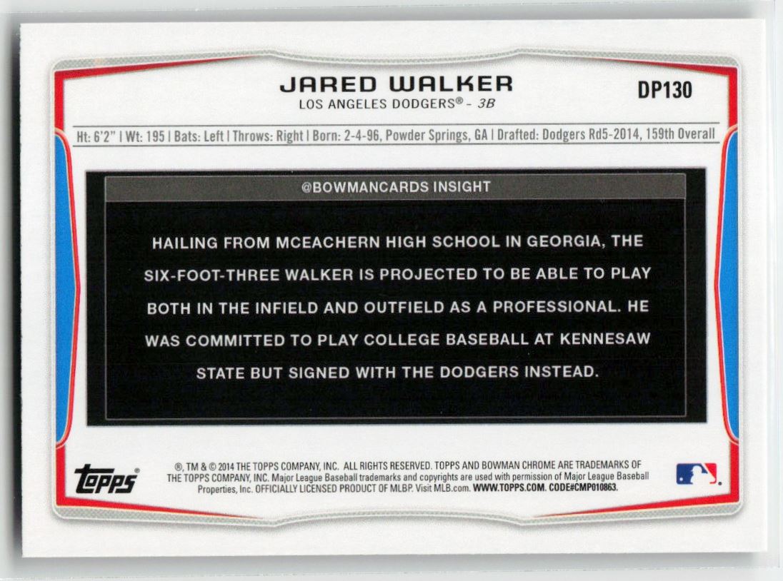2014 Bowman Draft Picks & Prospects Jared Walker #DP130 card back image