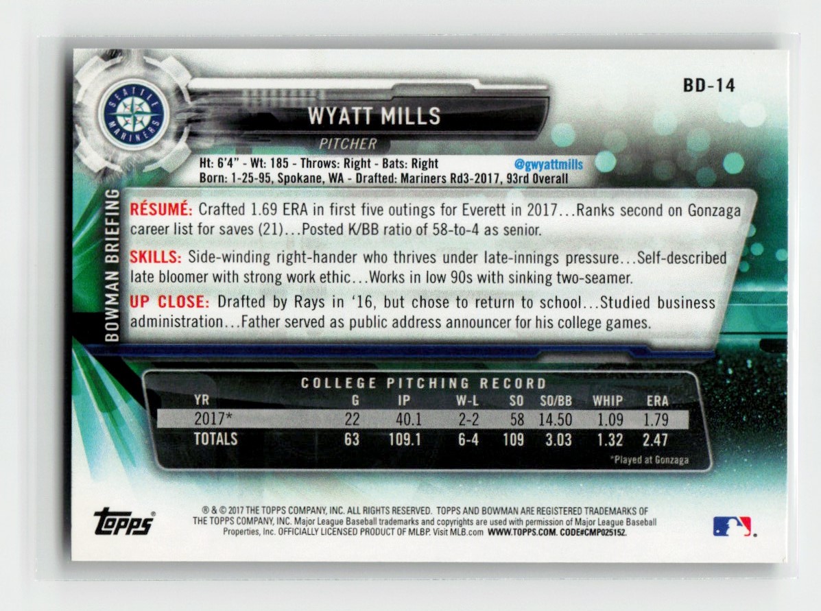 2017 Bowman Draft Wyatt Mills #BD-14 card back image