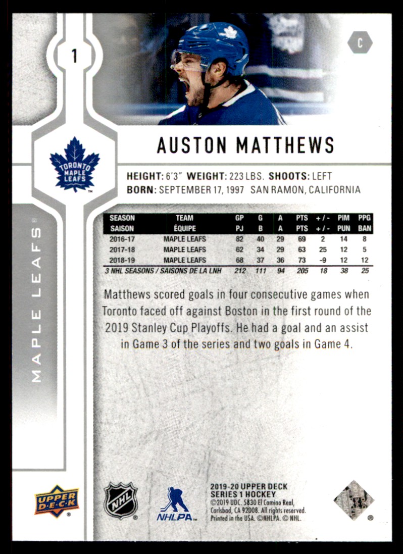 2019-20 Upper Deck Auston Matthews #1 card back image