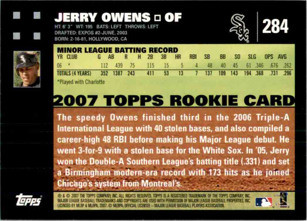 2007 Topps Jerry Owens (Rc) #284 card back image