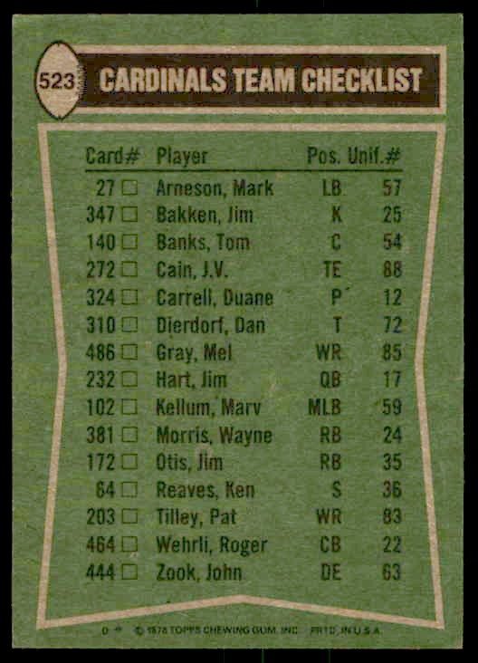 1978 Topps Terry Metcalf/Mel Gray/Roger Wehrli/Mike Dawson #523 card back image