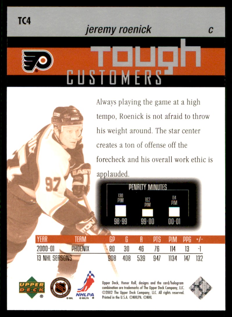 2001-02 Upper Deck Honor Roll Tough Customers Jeremy Roenick #TC4 card back image