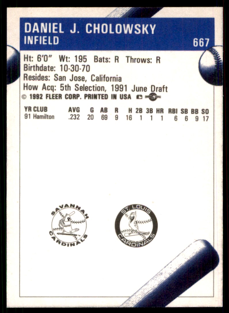1992 Fleer ProCards Dan Cholowsky Savannah Cardinals #667 | eBay