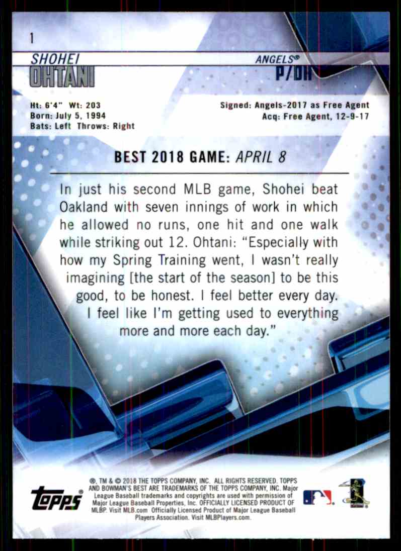 2018 Bowman's Best Shohei Ohtani #1 card back image