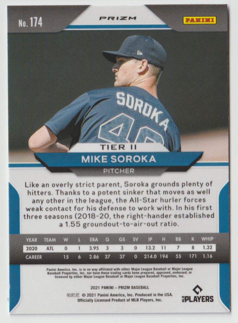 2021 Panini Prizm Red, White, and Blue Mike Soroka #174 card back image