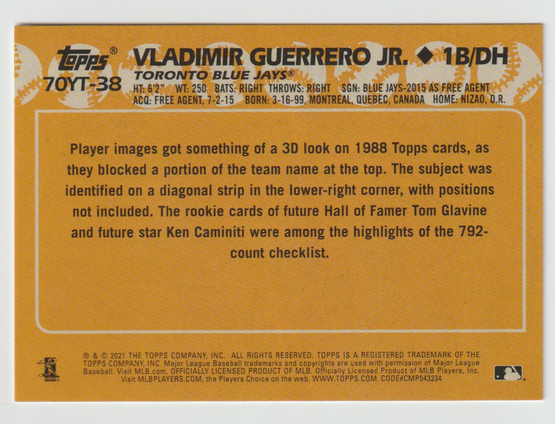 2021 Topps 70 Anniversary Vladimir Guerrero Jr. #70YT-38 card back image