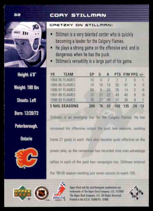 1999-00 Wayne Gretzky Hockey Cory Stillman #32 card back image