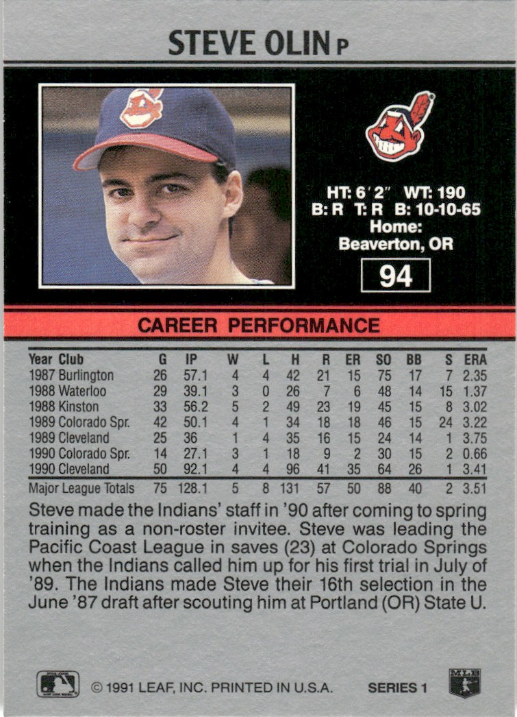 1991 Leaf Major League MLB Baseball Steve Olin #94 card back image