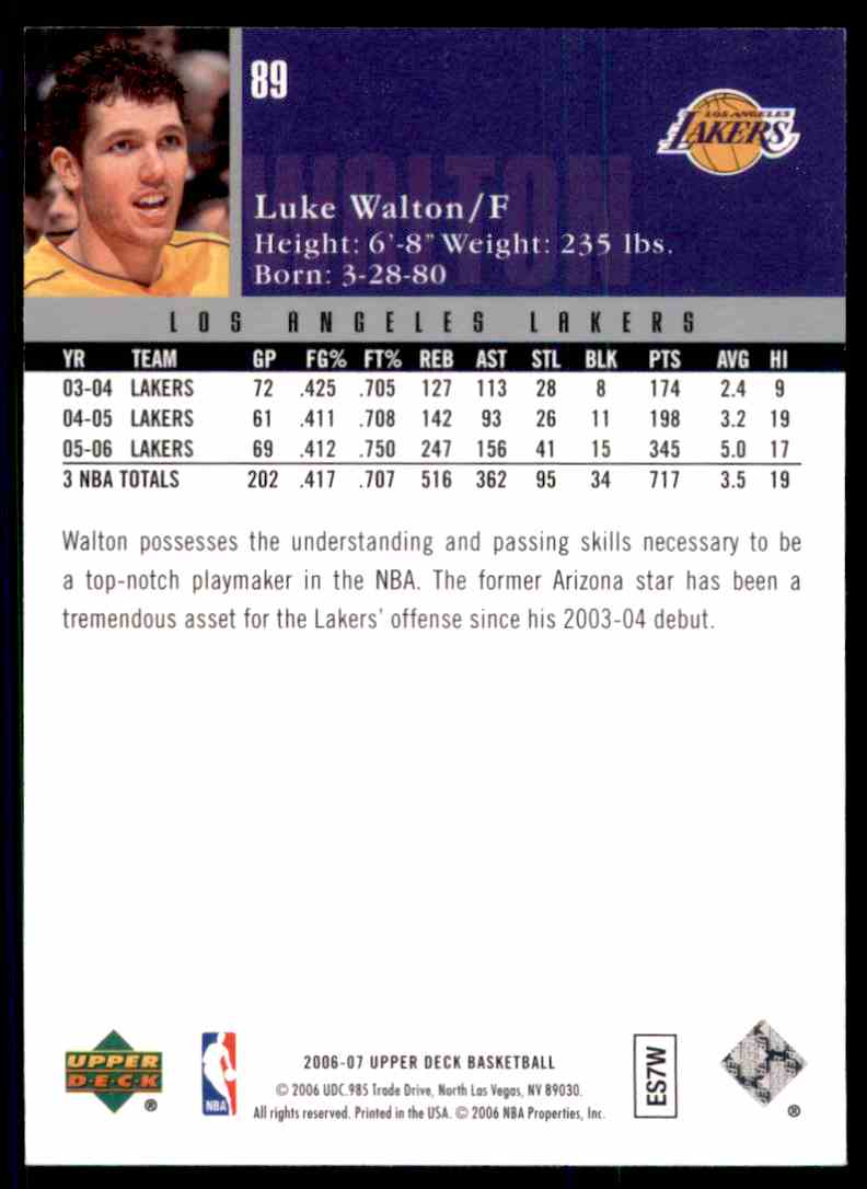 2006-07 Upper Deck Luke Walton #89 card back image