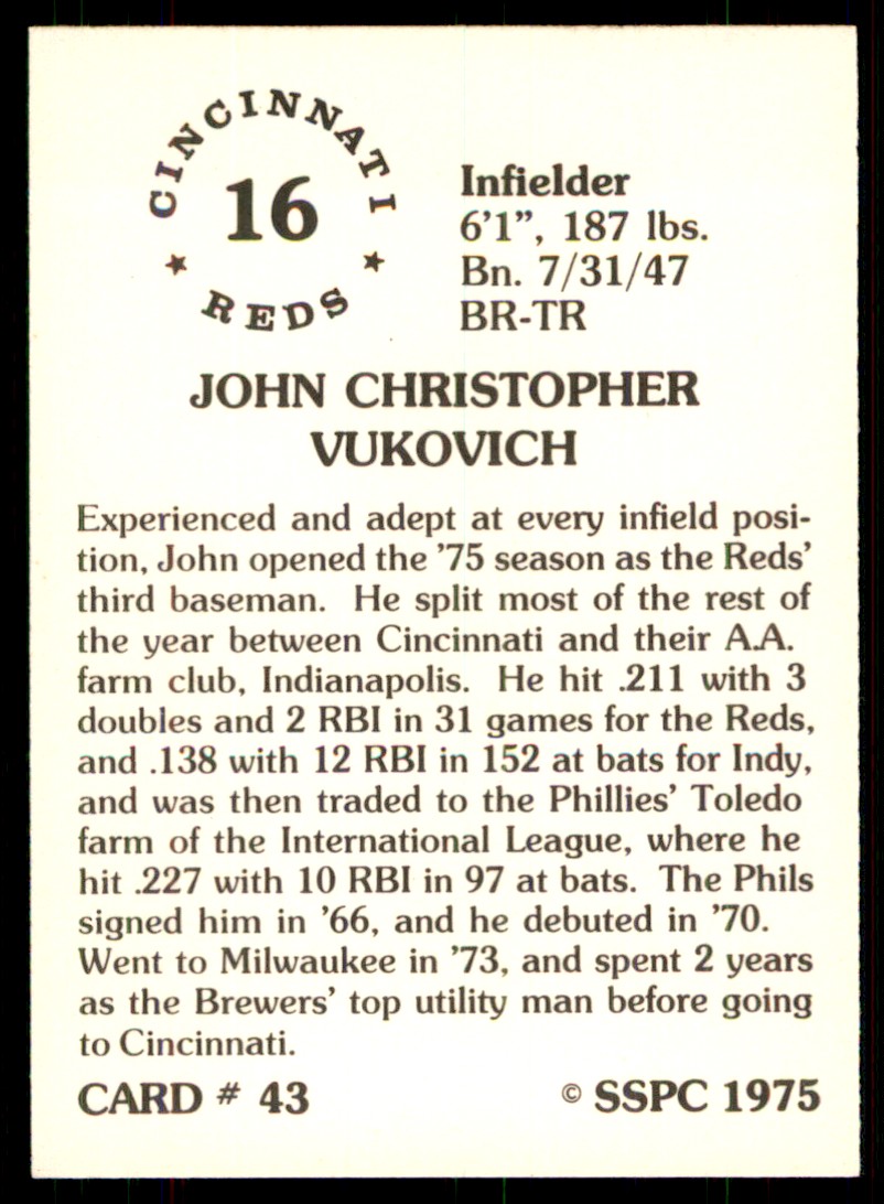 1976 SSPC John Vukovich Cincinnati Reds #43 | eBay