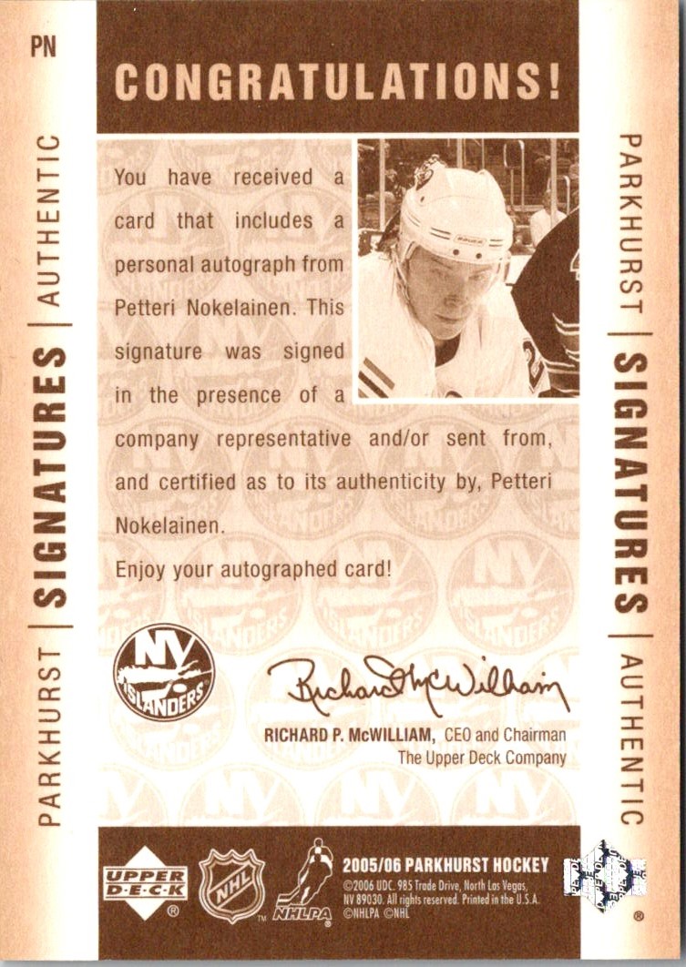 2005-06 Parkhurst Signatures Petteri Nokelainen #PN card back image