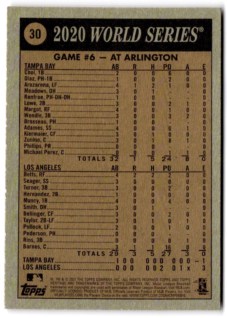 2021 Topps Heritage Red 2020 World Series - Game 6 #30 card back image