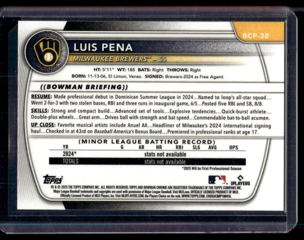 2025 Bowman Chrome Luis Pena #BCP-38 card back image