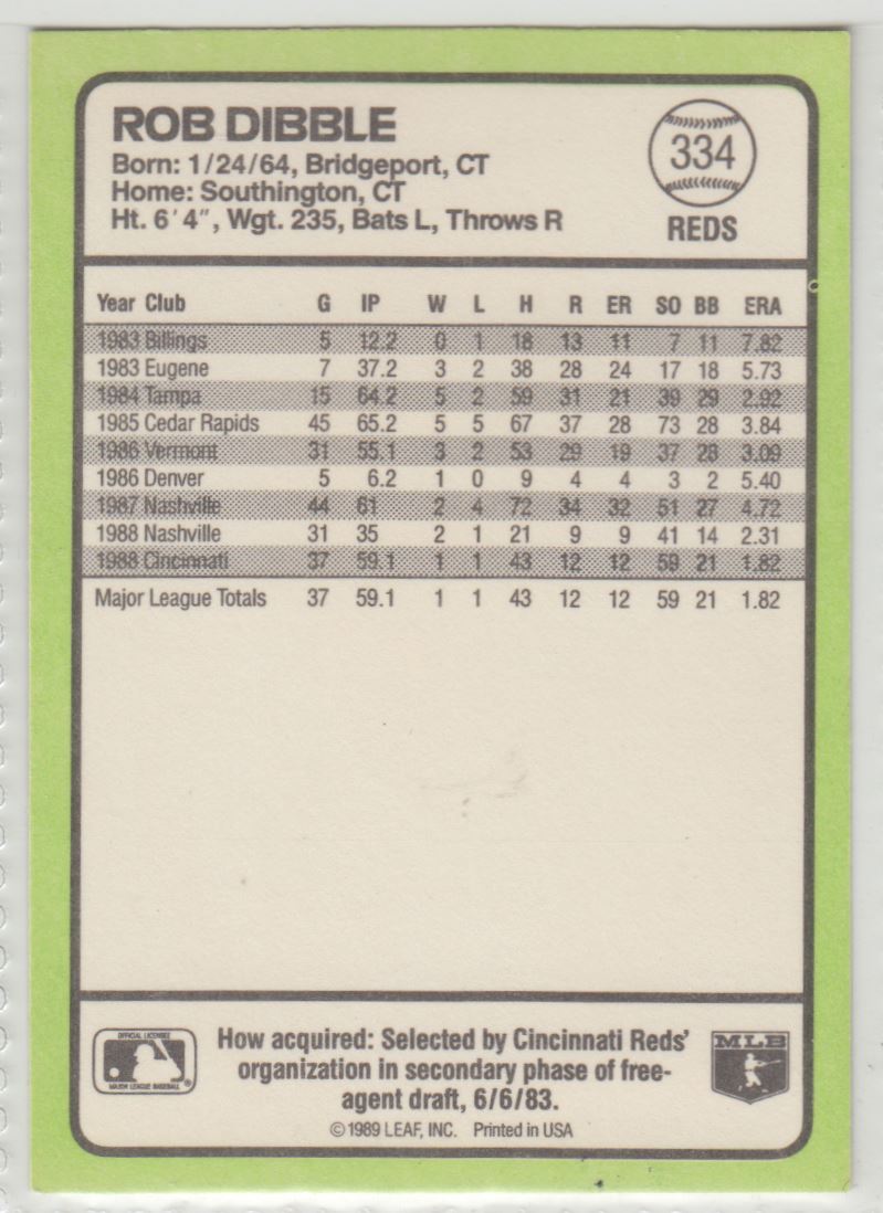 1989 Donruss Baseball's Best Rob Dibble #334 card back image