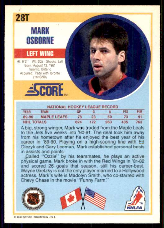 1990-91 Score Rookie and Traded Mark Osborne #28T card back image