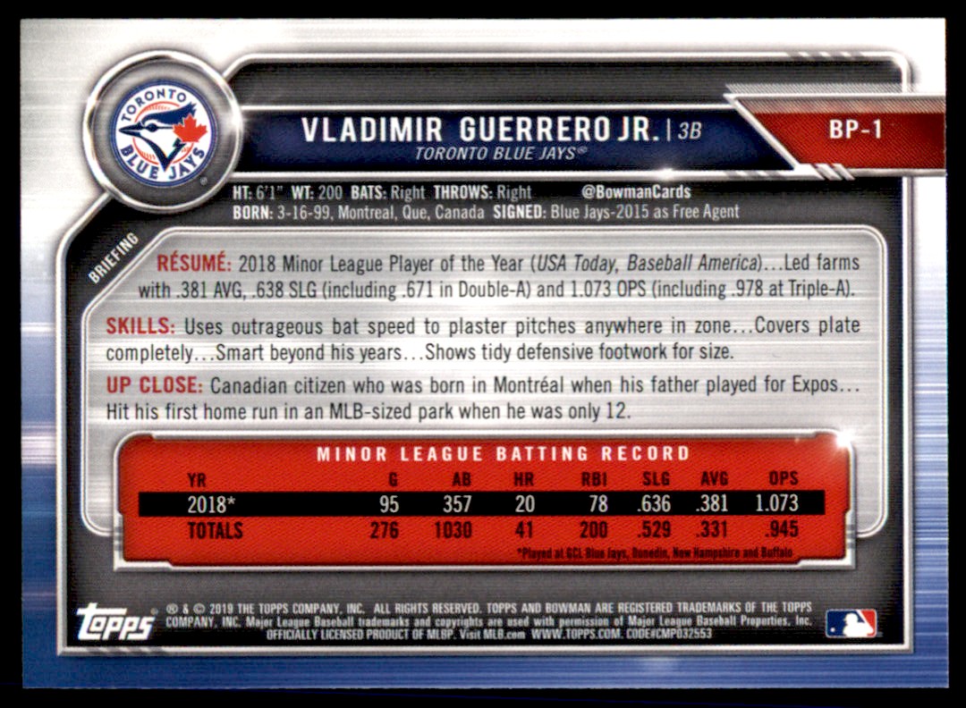 2019 Bowman Prospects Vladimir Guerrero Jr. #BP-1 card back image