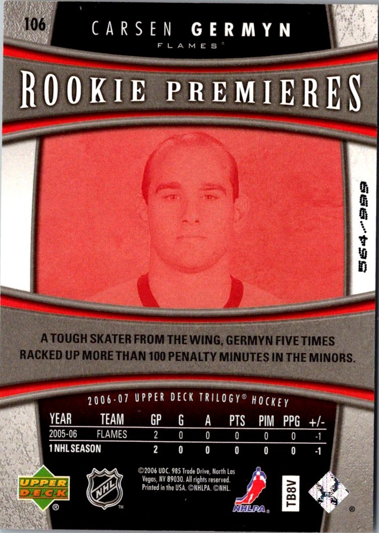 2006-07 Upper Deck Trilogy Carsen Germyn #106 card back image