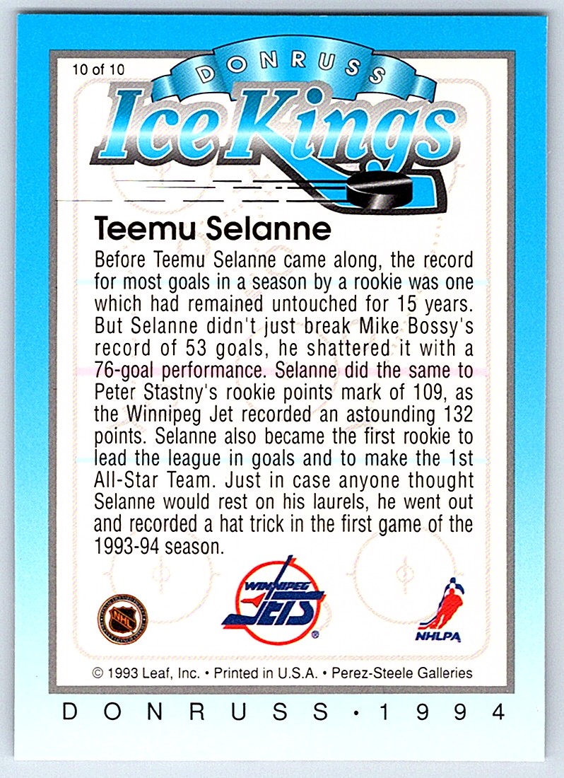 1993-94 Donruss Ice Kings Teemu Selanne #10 card back image