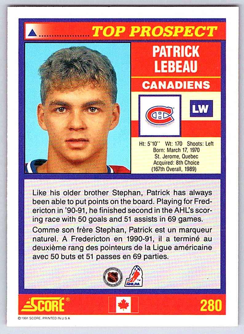 1991-92 Score Canadian Top Prospect Patrick Lebeau #280 card back image