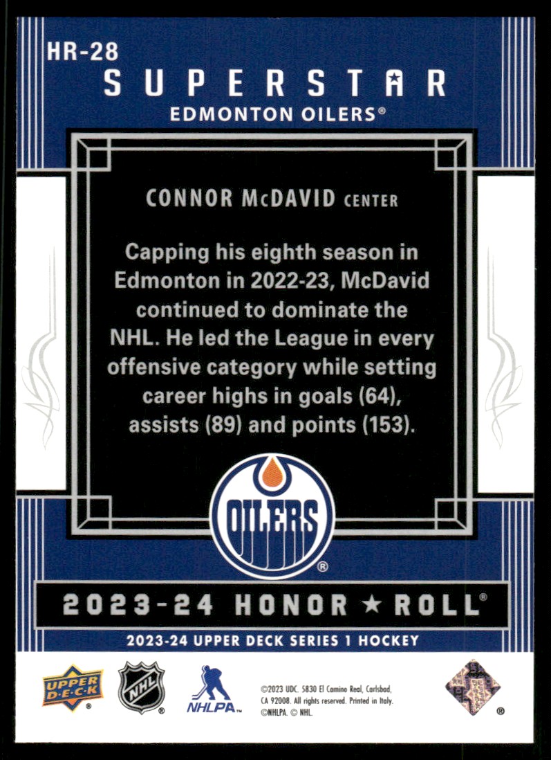 2023-24 Upper Deck Honor Roll Connor McDavid #HR-28 card back image