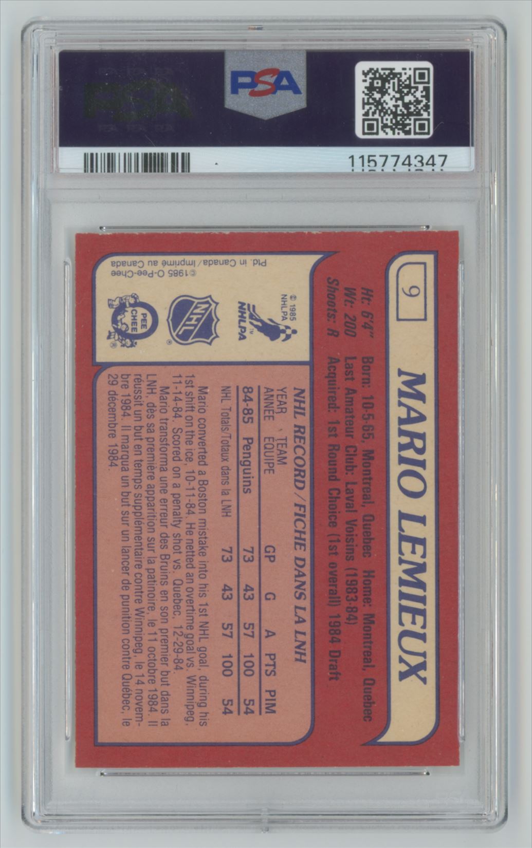 1985-86 O-Pee-Chee Mario Lemieux #9 card back image