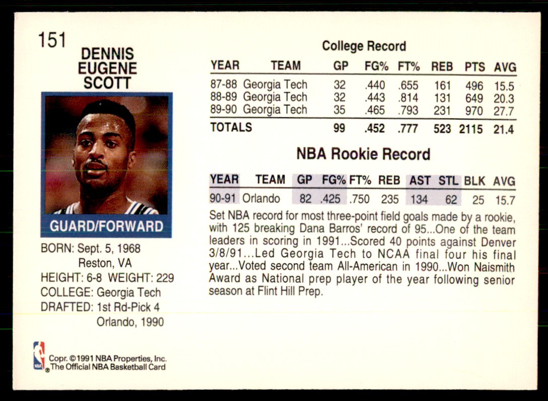 1991-92 Hoops Dennis Scott Orlando Magic #151