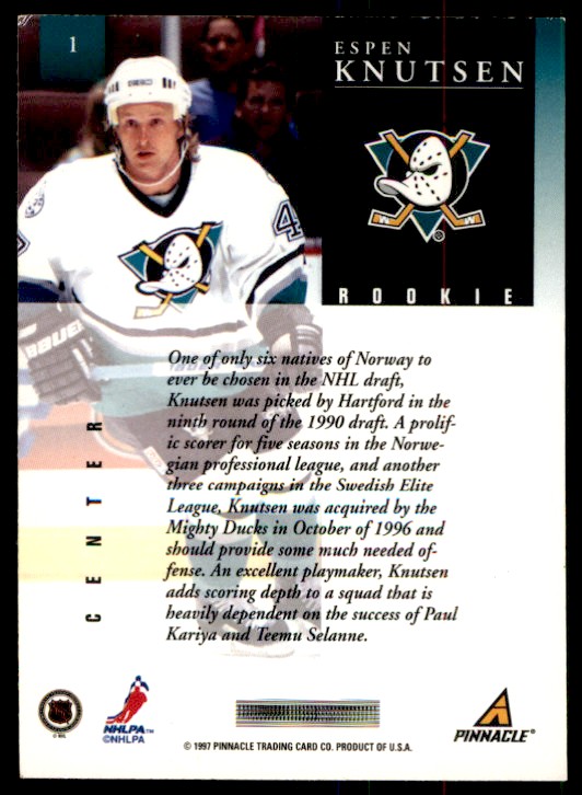 1997-98 Pinnacle Espen Knutsen #1 card back image