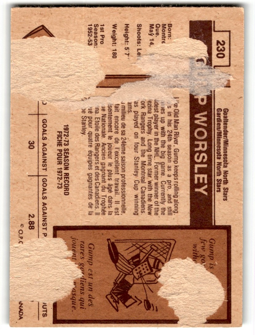 1973-74 O-Pee-Chee Gump Worsley #230 card back image
