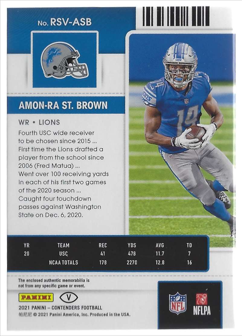 2021 Panini Contenders Rookie Ticket Swatches Variation Amon-Ra St. Brown #RSVASB card back image