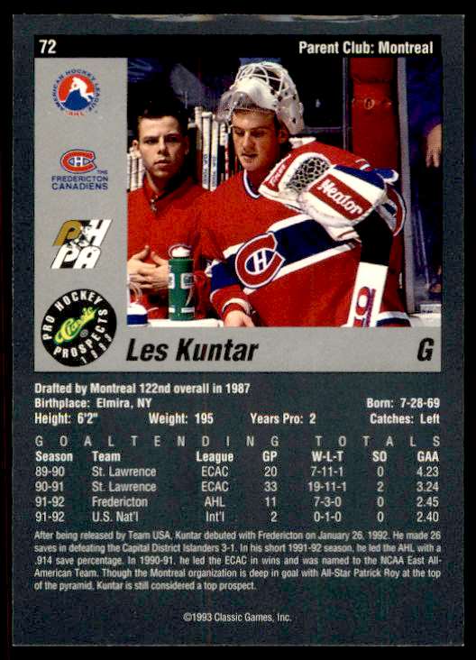 1993-94 Classic Pro Hockey Prospects Les Kuntar #72 card back image