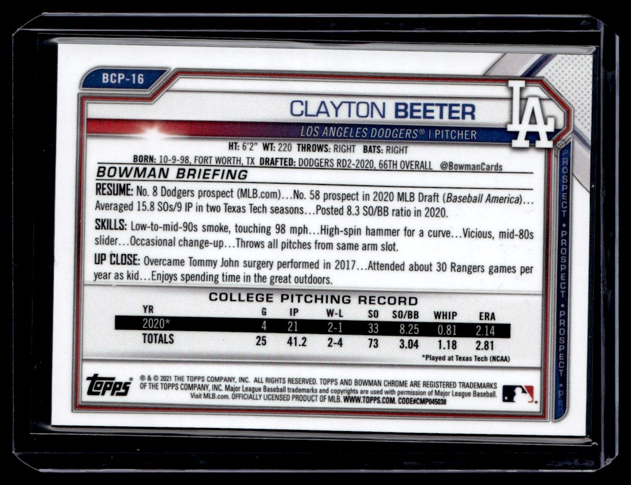 2021 Bowman Sapphire Edition Red Refractor Clayton Beeter #BCP-16 card back image