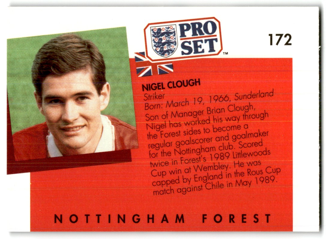 1990 Pro Set Nigel Clough #172 card back image