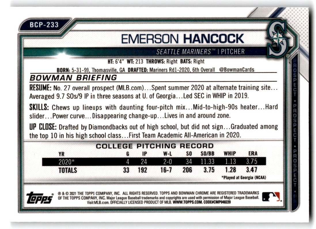 2021 Bowman Chrome Prospects Emerson Hancock #BCP-233 card back image