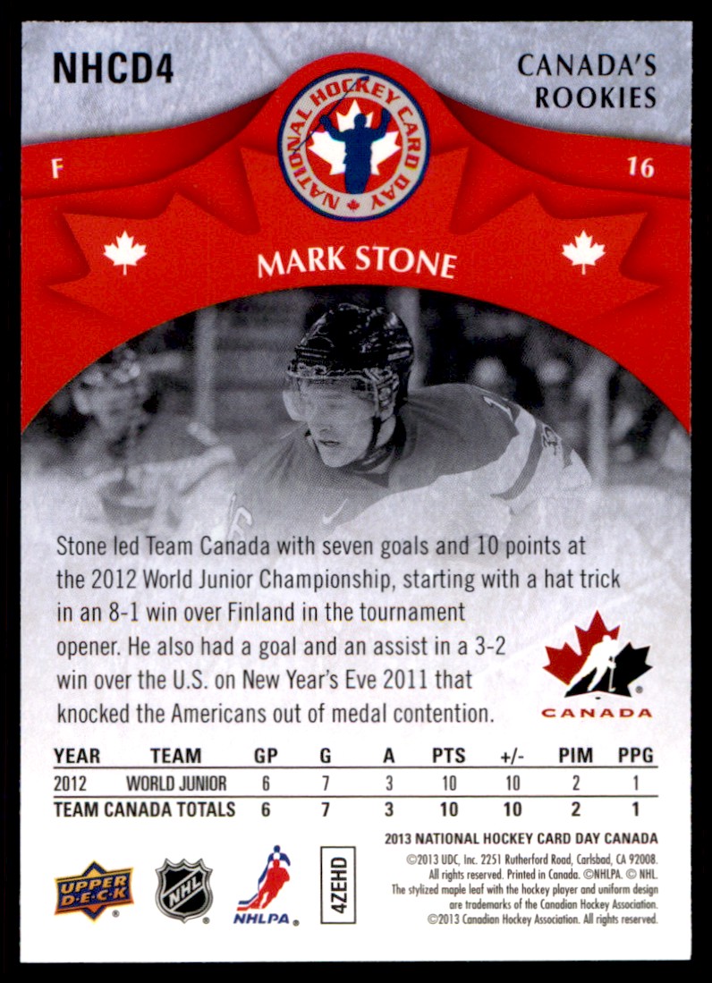 2012-13 Upper Deck National Hockey Card Day Canada Mark Stone #NHCD4 card back image