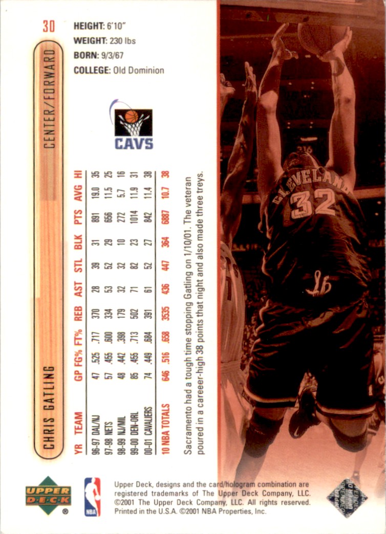 2001-02 Basketball Upper Deck Chris Gatling #30 card back image