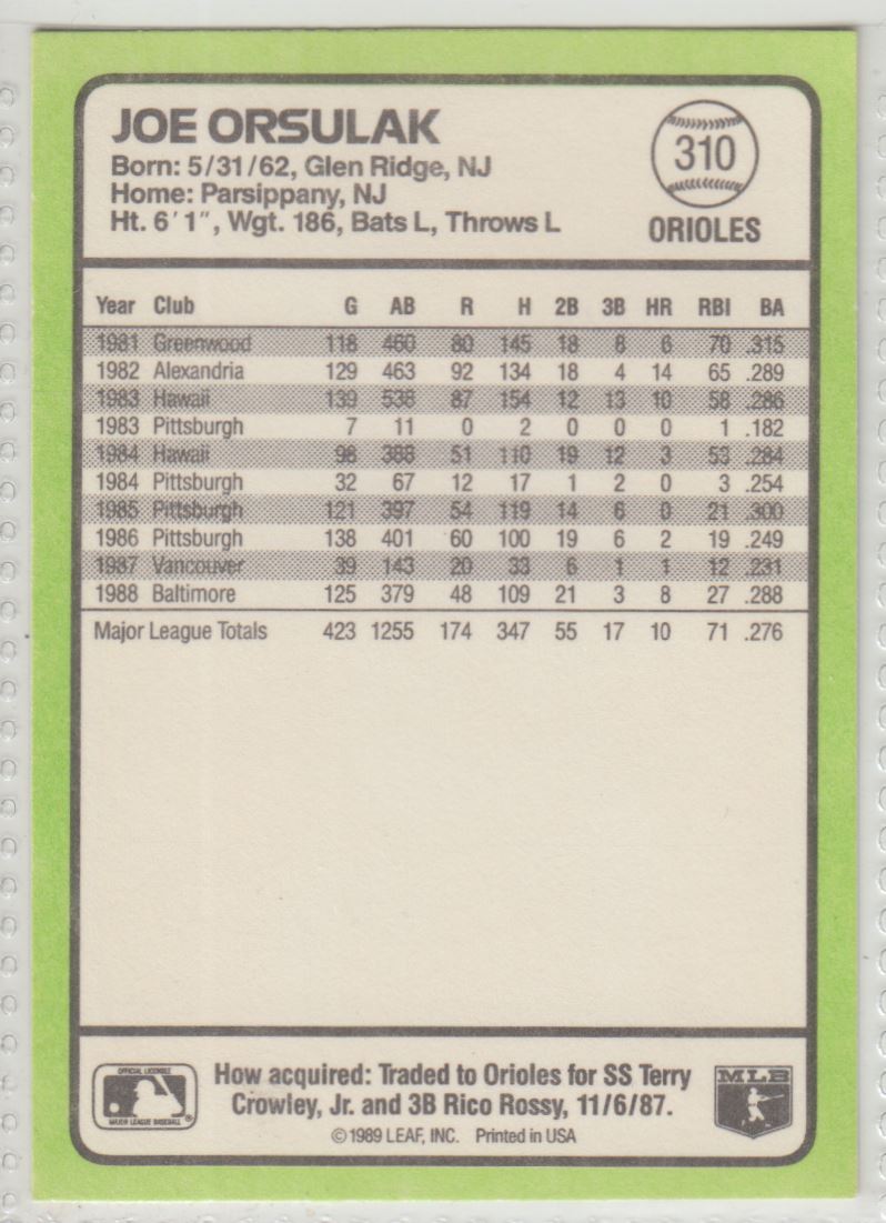 1989 Donruss Baseball's Best Joe Orsulak #310 card back image