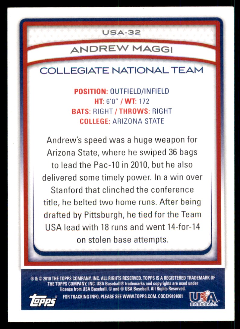 2010 Topps USA Baseball Andrew Maggi #USA-32 card back image