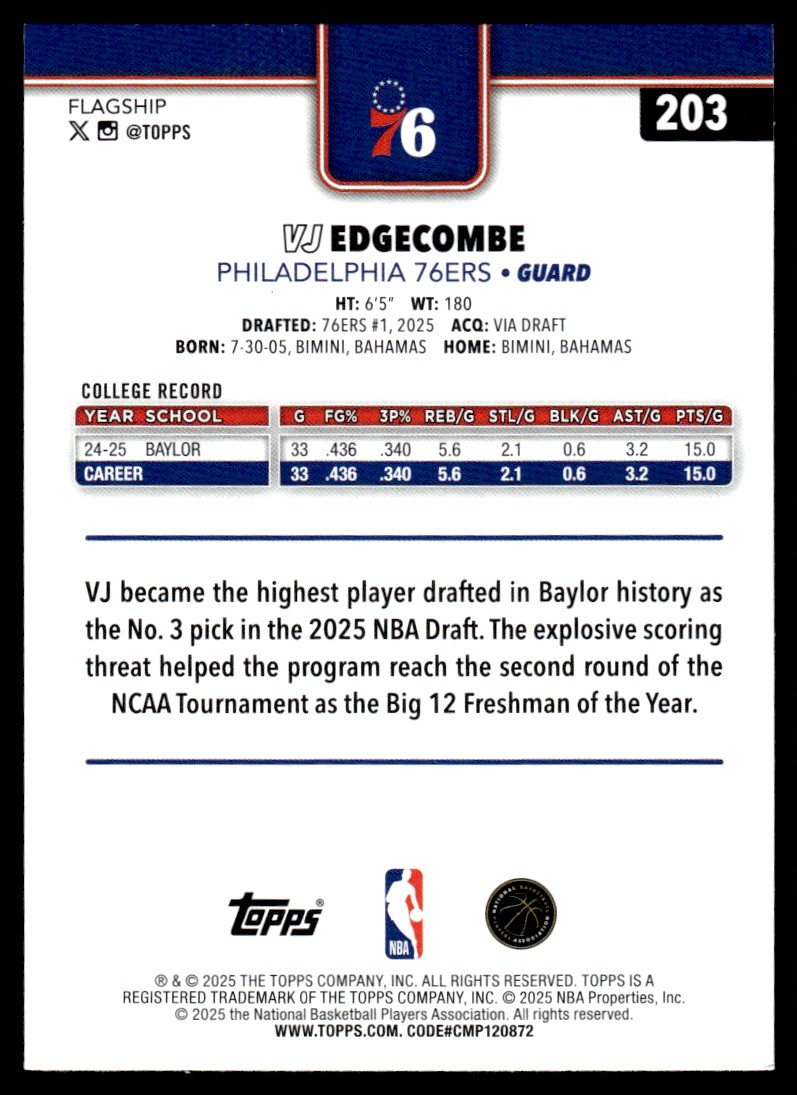 2025-26 Topps XFractor Foil VJ Edgecombe Rookie Philadelphia 76ers
