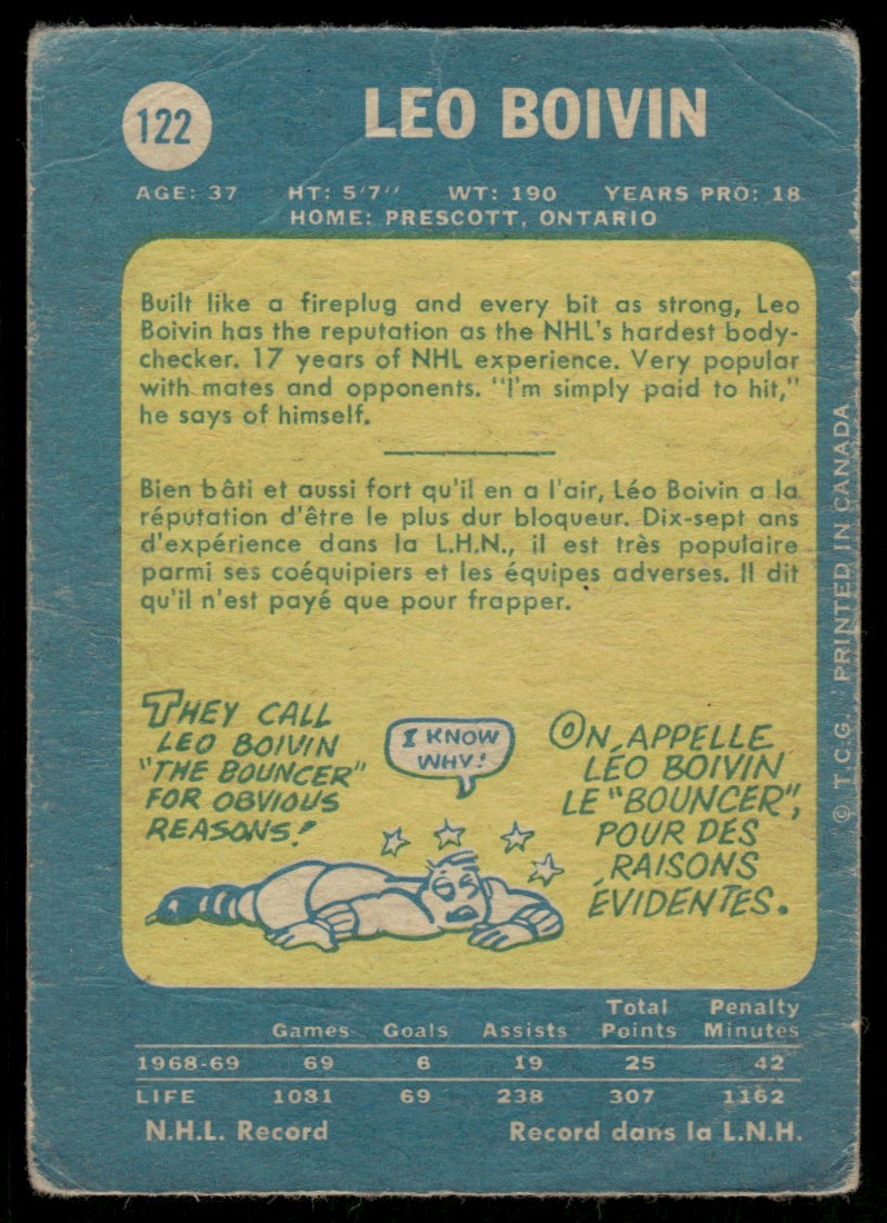 1969-70 O-Pee-Chee Hockey OPC Leo Boivin #122 card back image