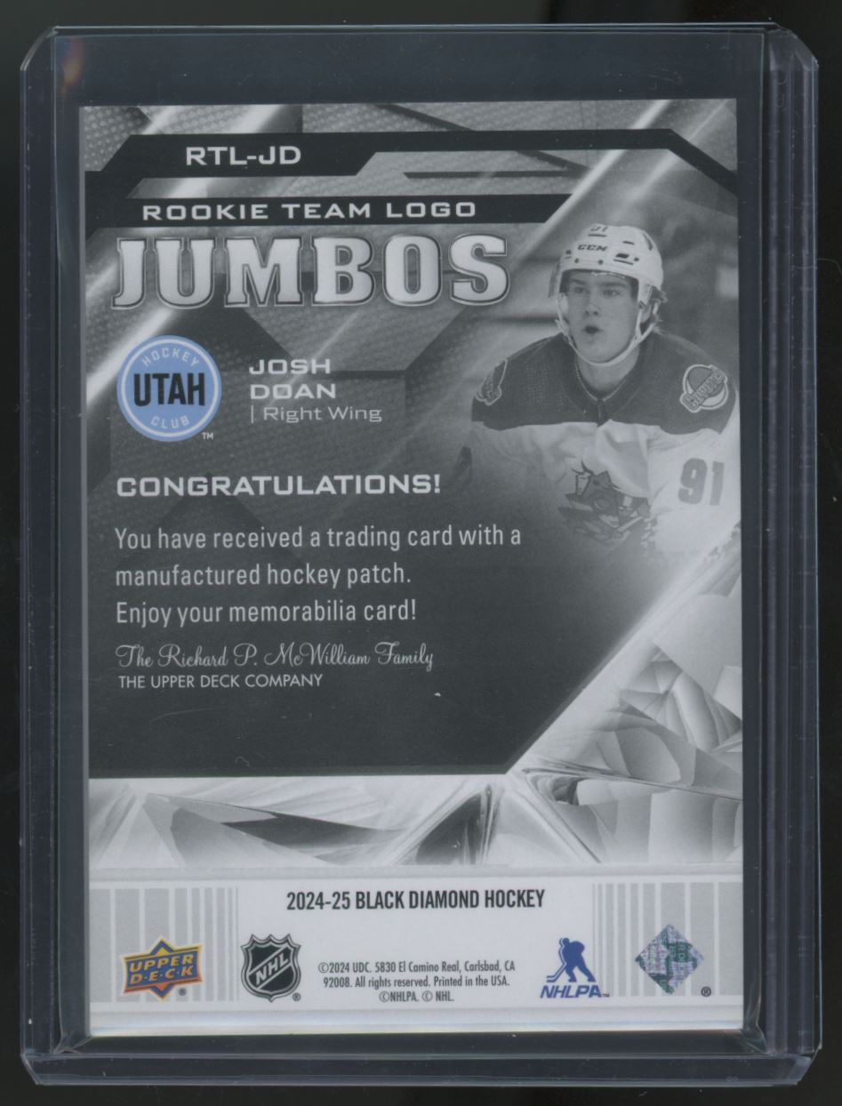 2024-25 Upper Deck Black Diamond Rookie Team Logo Jumbo Patch Josh Doan #RTL-JD card back image