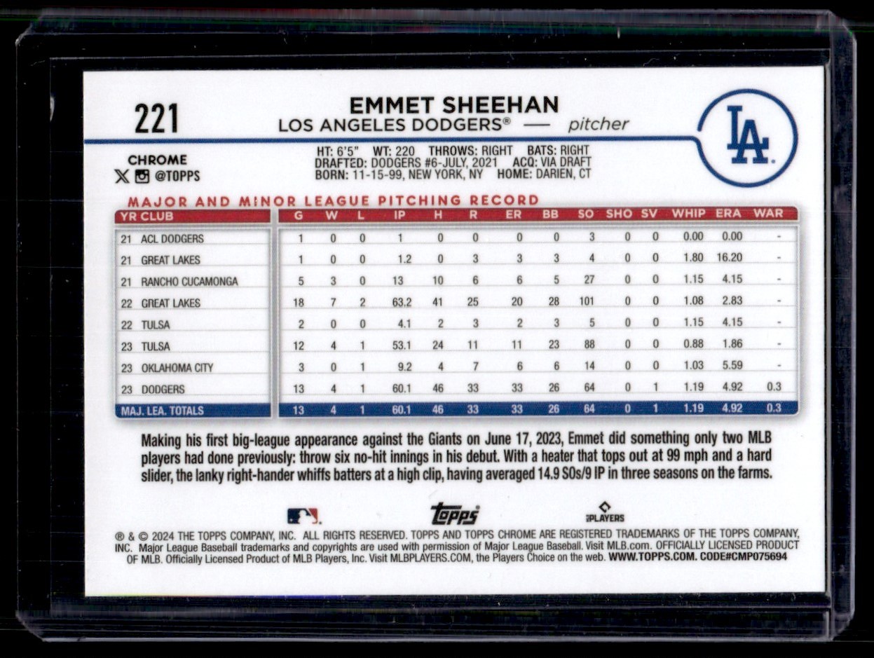 2024 Topps Chrome Emmet Sheehan #221 card back image