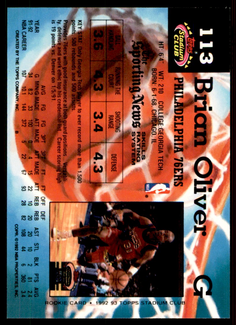 1992-93 Stadium Club Brian Oliver Philadelphia 76ers #113 | eBay