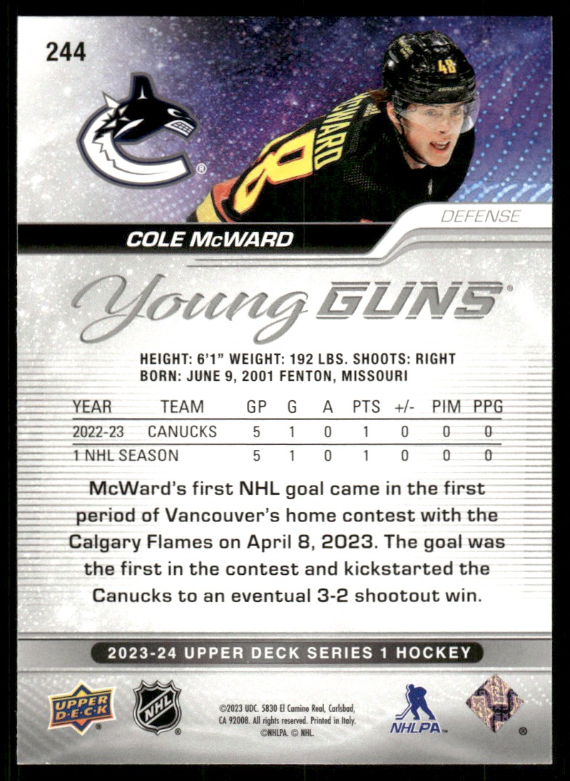 2023-24 Upper Deck YG Cole McWard #244 card back image