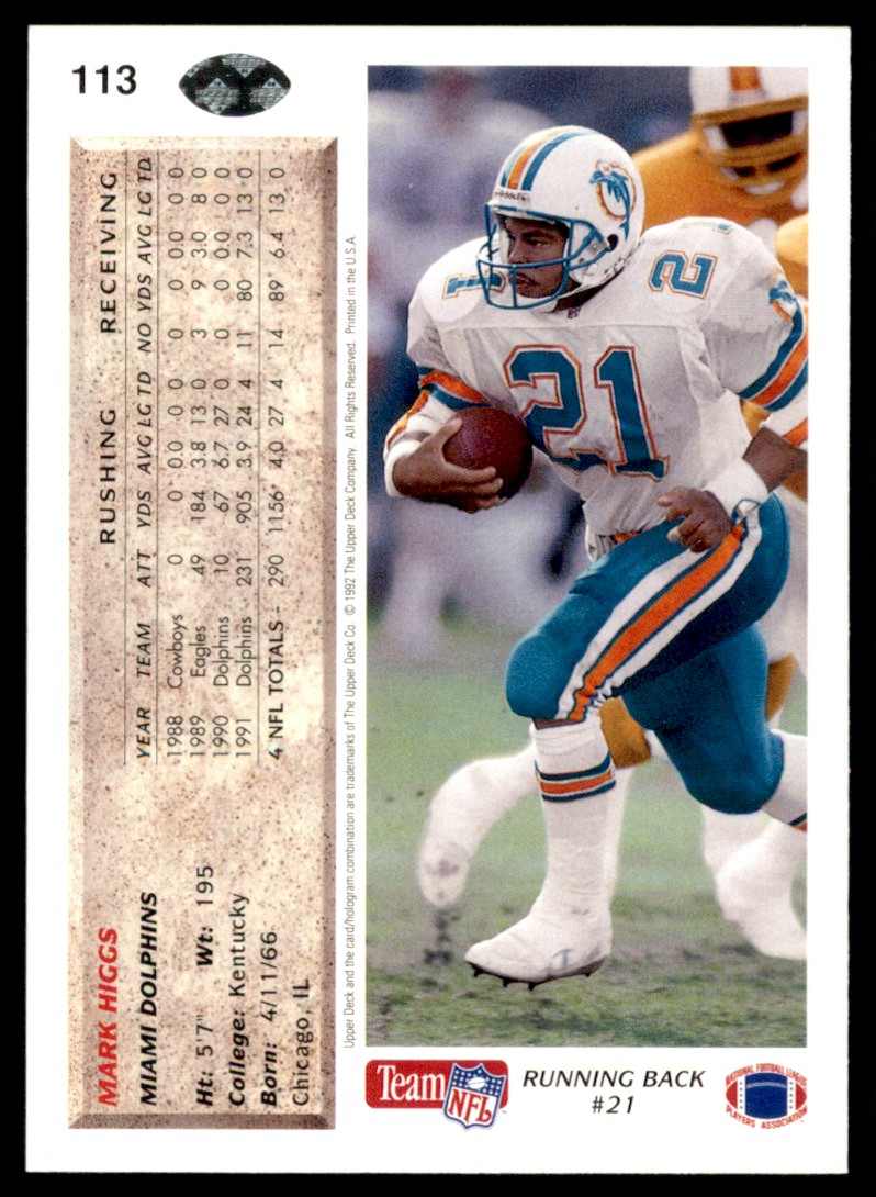 1992 Upper Deck Mark Higgs #113 card back image