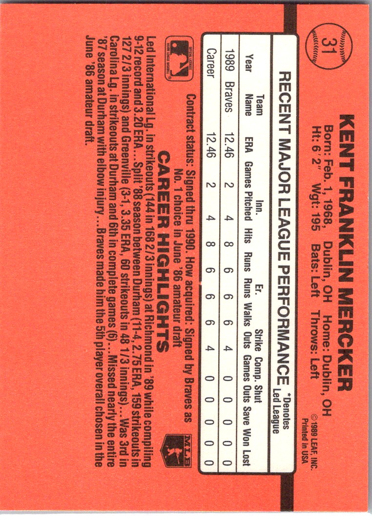 1990 Donruss Kent Mercker #31 card back image