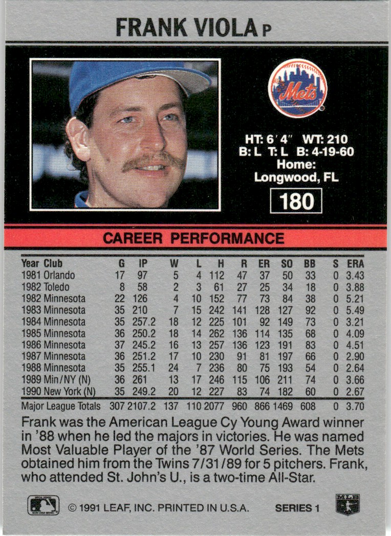 1991 Leaf Major League MLB Baseball Frank Viola #180 card back image