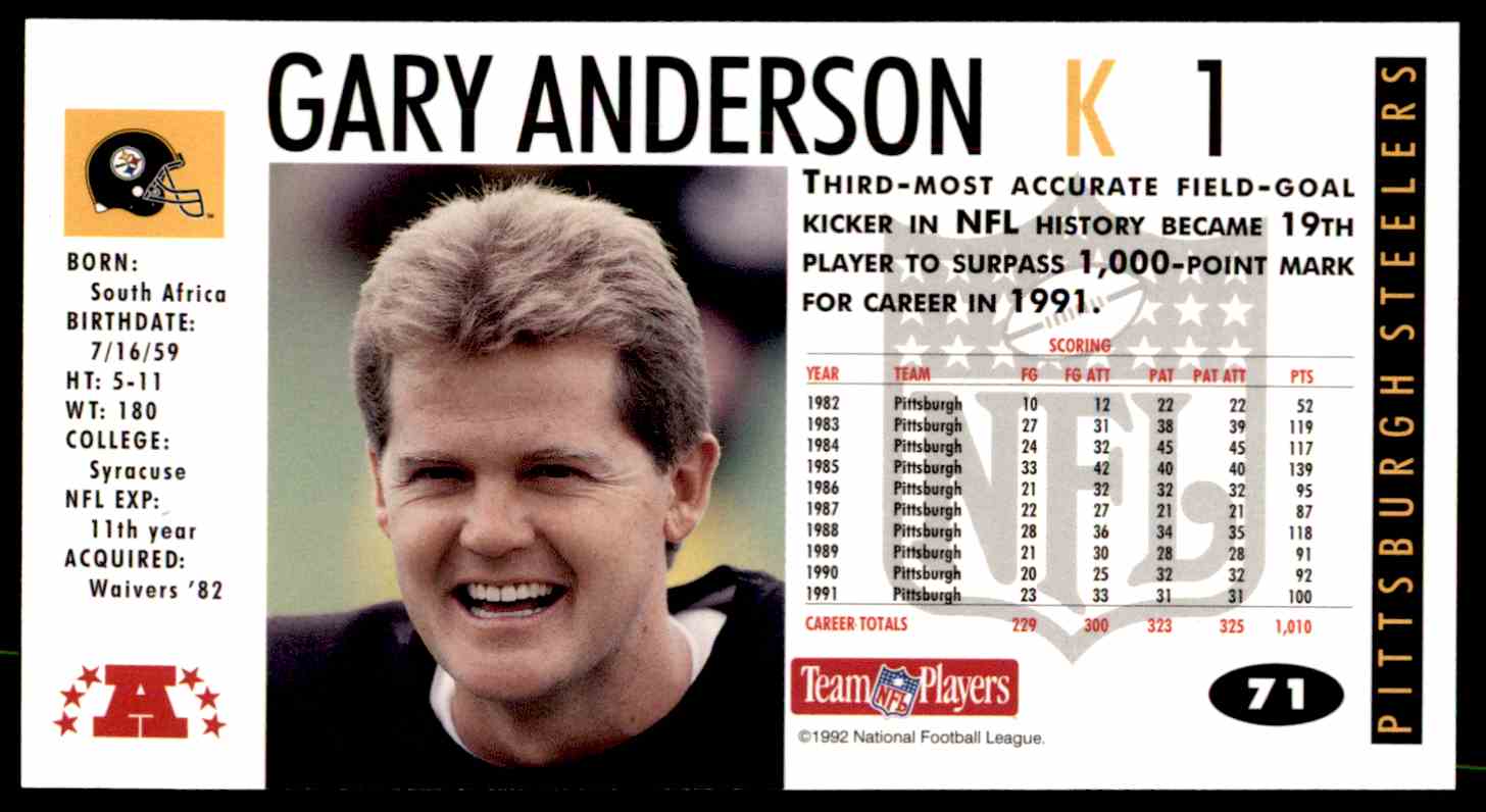 1992 NFL Football Card Game Day Gary Anderson #71 card back image